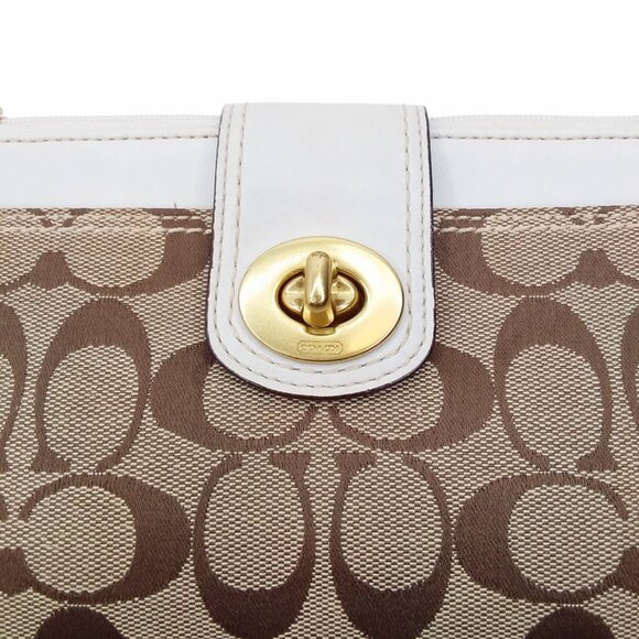 Coach Wristlet Signature Canvas Logo Brass Turnlock Beige Brown White Leather - Picture 2 of 10